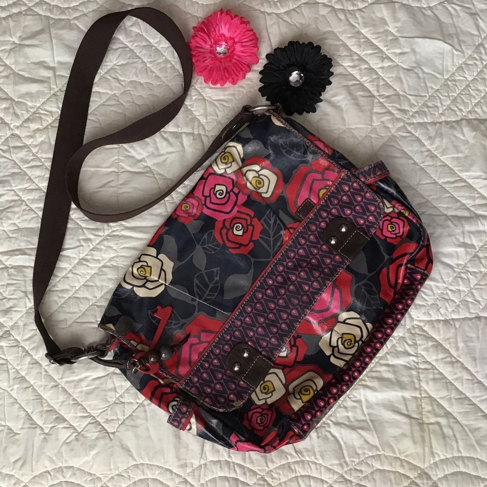 Fossil Floral Crossbody Messenger Bag in Red, Pink, Cream, Navy